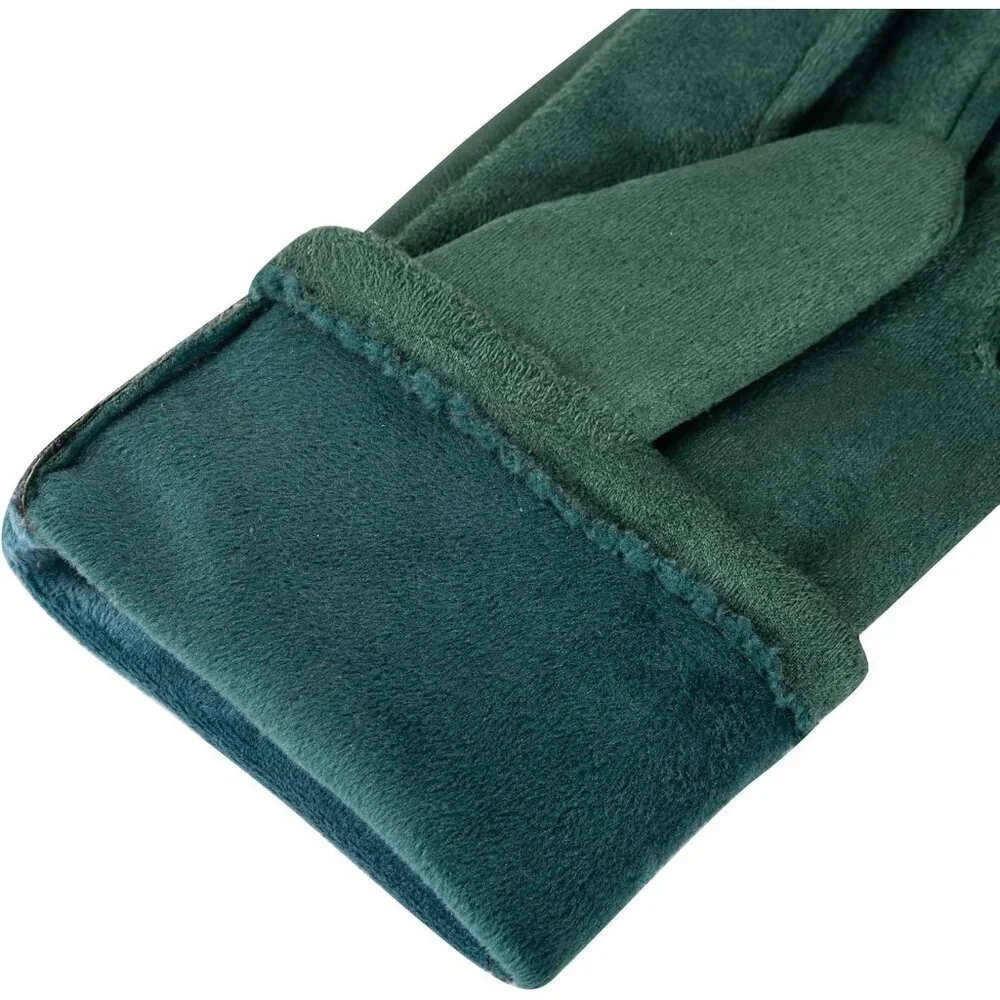 Women's Green Winter Leather Suede Gloves Wool Lined Windproof Touchscreen